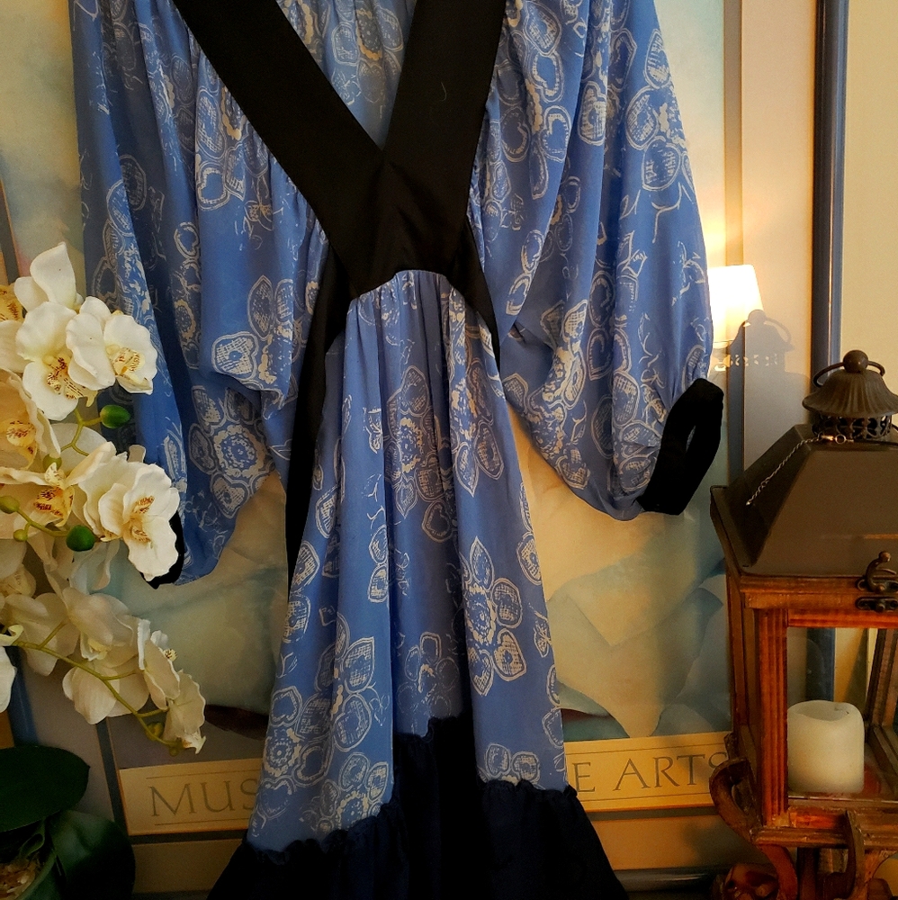 Moulinette Soeurs Sheer Boho Blue With Black Satin Trim Midi Dress